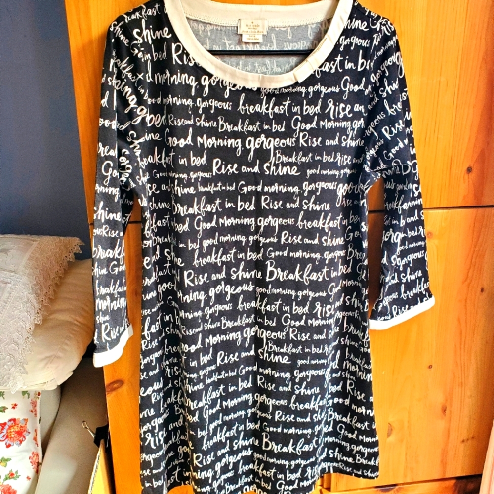 Kate Spade Black & Cream Cotton Blend Long Sleeve Nightdress Size Large